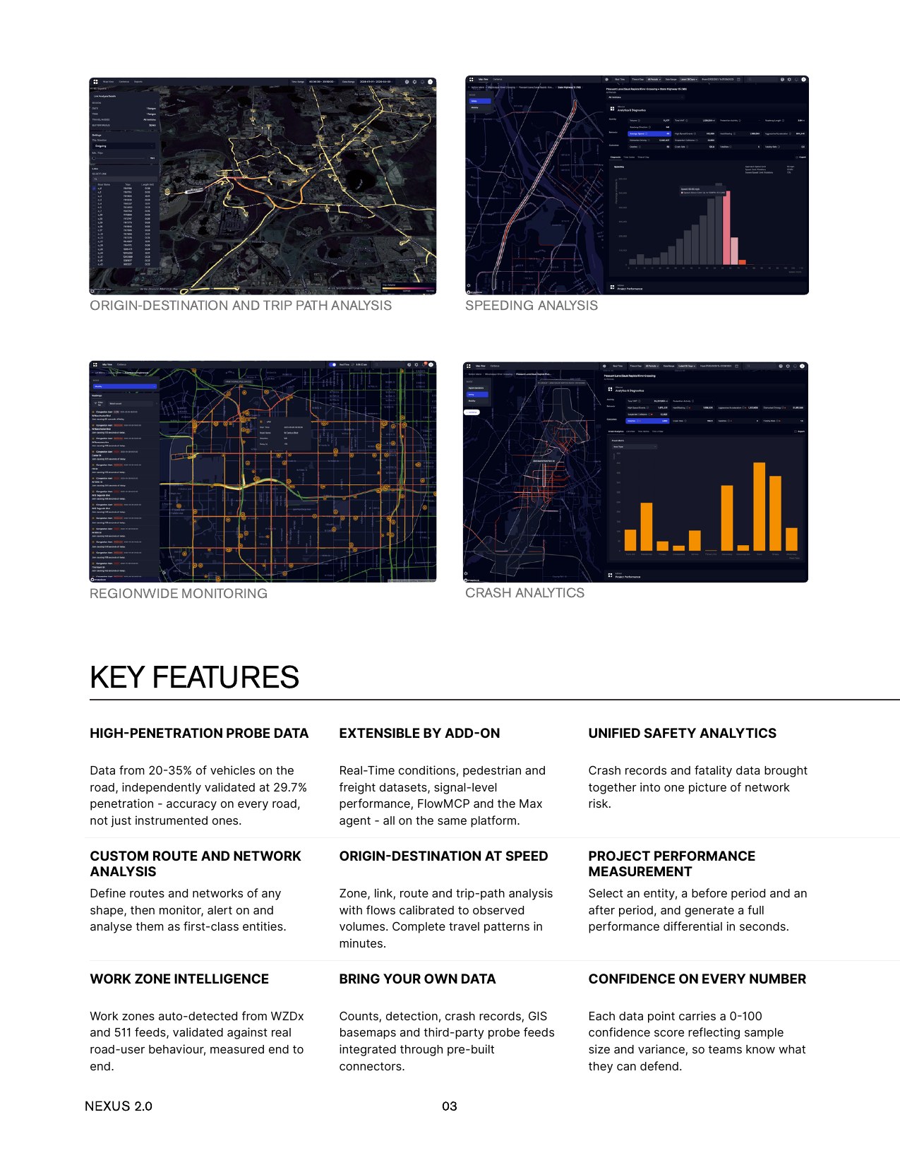 Page 3 of the Nexus 2.0 product overview, with platform screenshots and key features