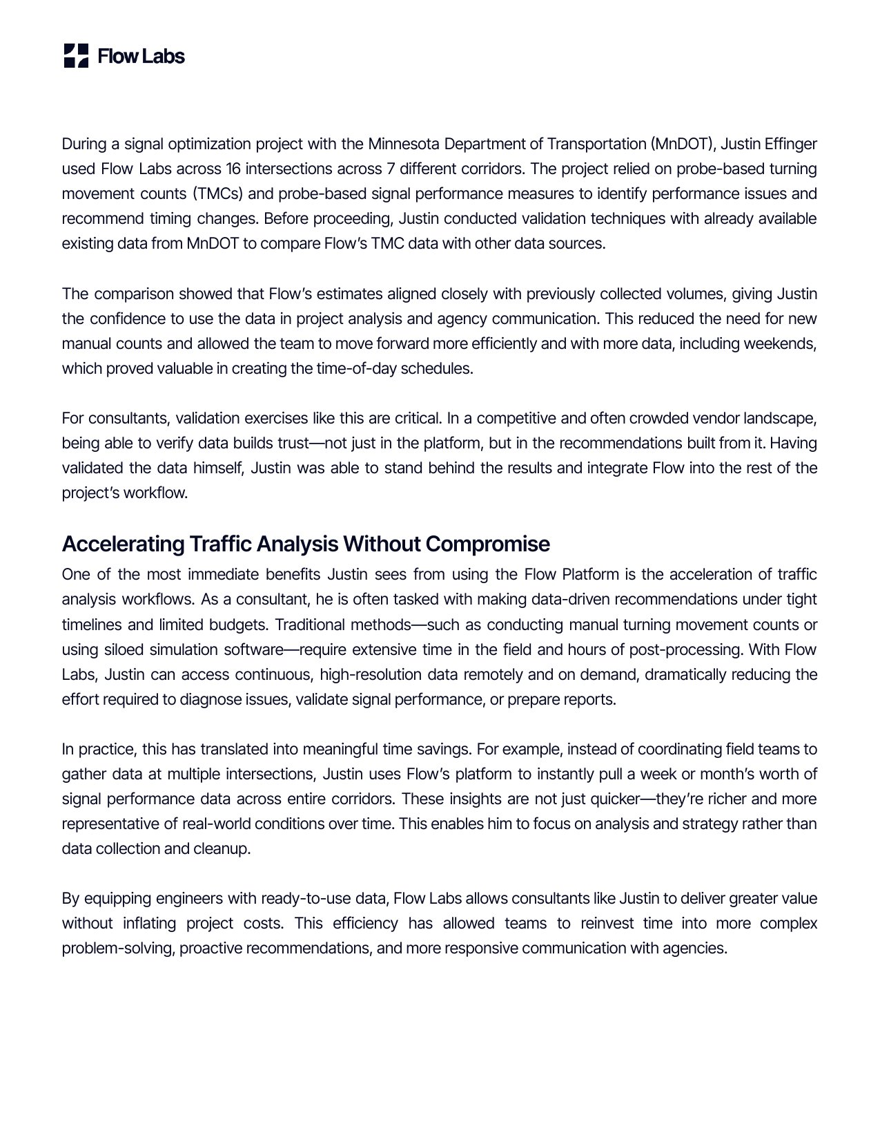 Page 3 of the Mead & Hunt case study, with the turning movement count report in the Flow Labs platform