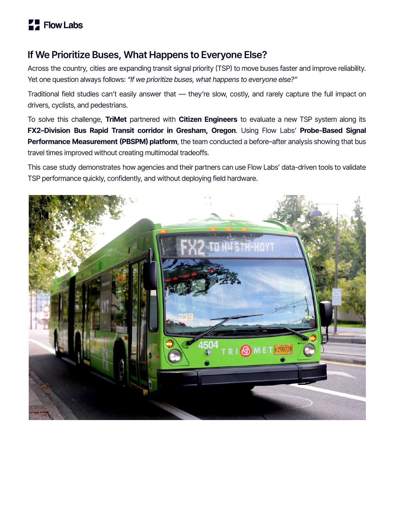 Page 2 of the TriMet case study, with a photo of an FX2 bus