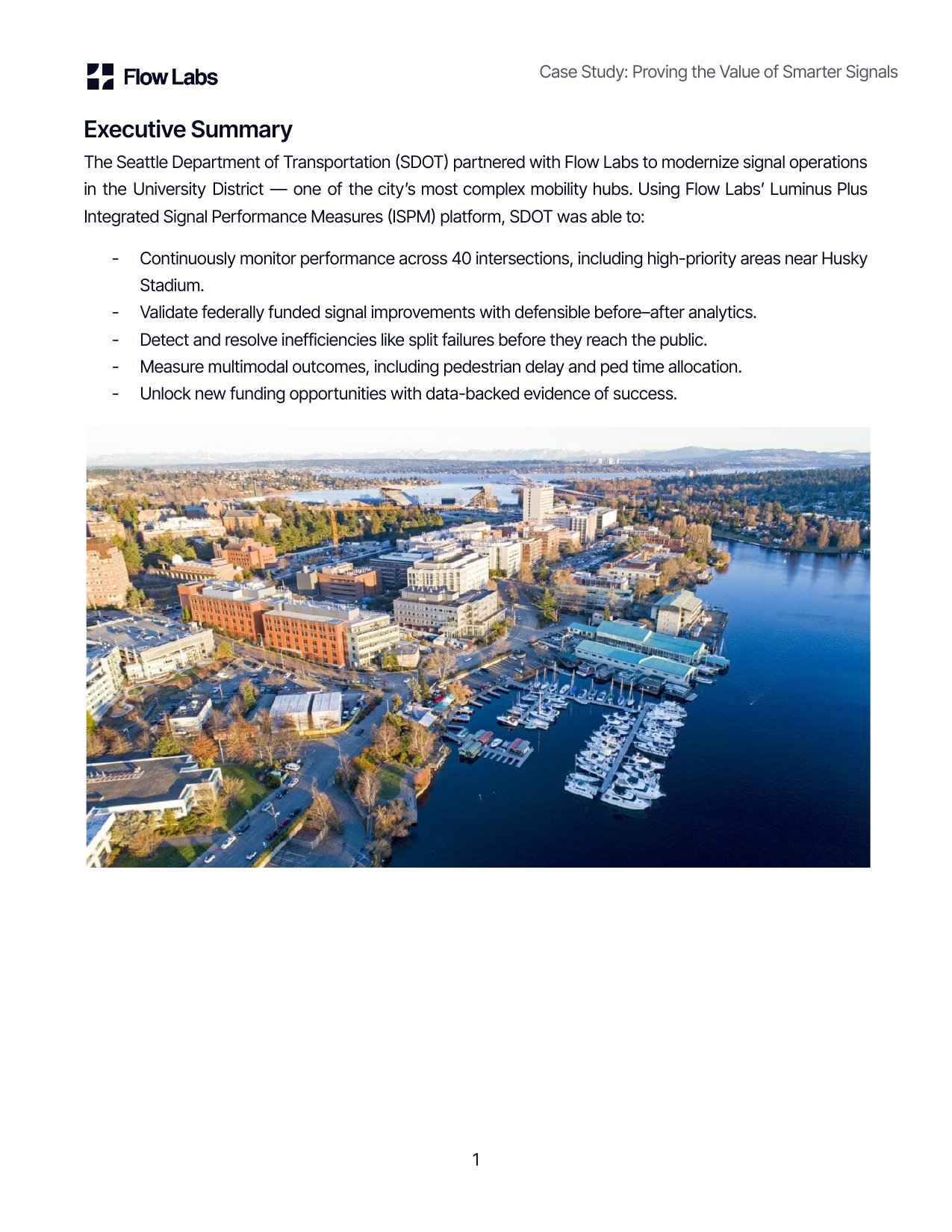 Page 2 of the Seattle DOT case study, with an aerial photo of the University District