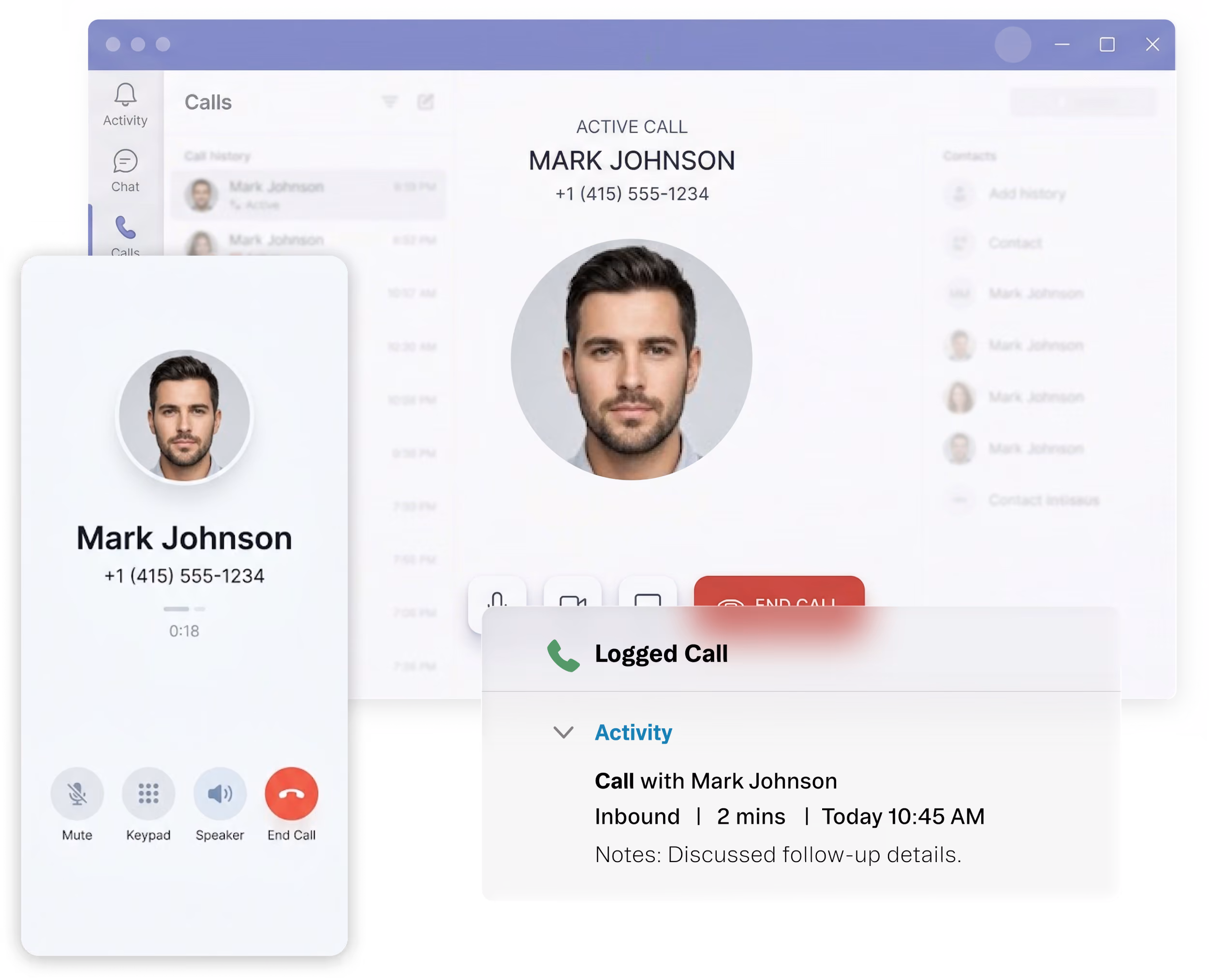 User interface showing an active call with Mark Johnson, phone number +1 (415) 555-1234, call timer, and logged call details noting a 2-minute inbound call with follow-up discussion.