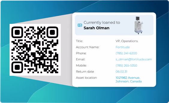 QR code next to device loan details including name, title, contact, return date, and location.