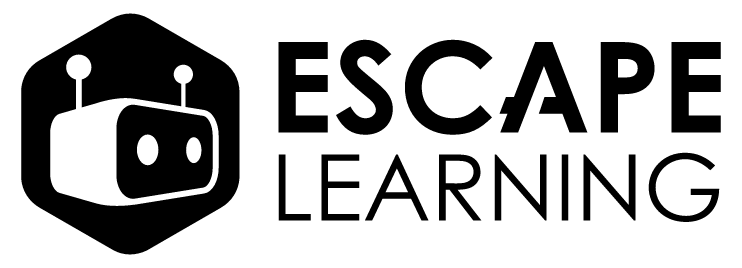 Black and white logo showing a cute robot face with the words Escape Learning beside it. 