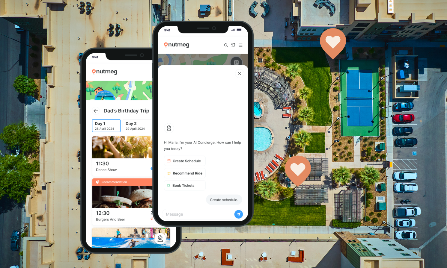 Nutmeg AI guest portal displayed over the backdrop of an aerial shot of a hotel venue.