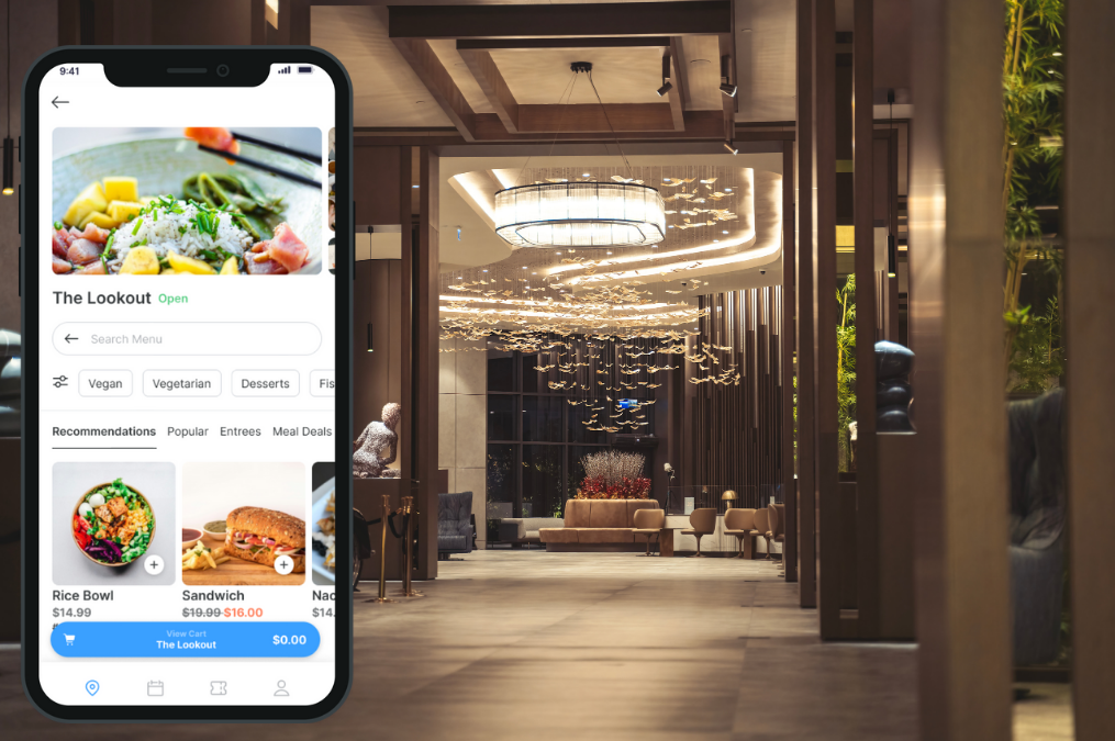 Nutmeg mobile map shows food options at a hotel, with a hotel lounge in the background.