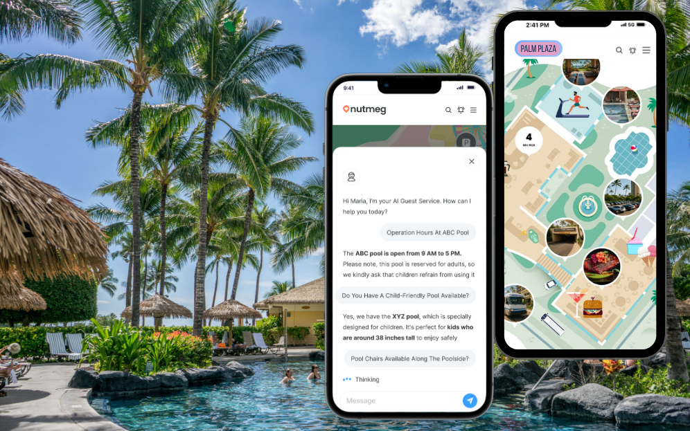 View of an AI concierge on a mobile phone, with a tropical resort background.