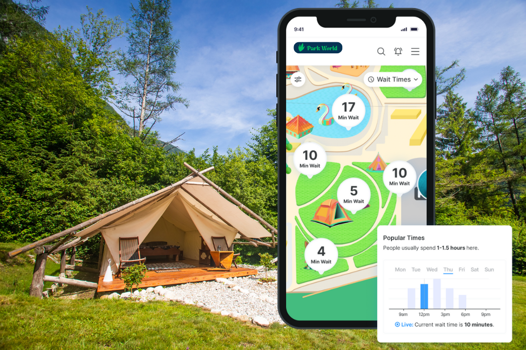 A mobile phone with a Nutmeg smart map overlaid in front of a picture of a camping tent.