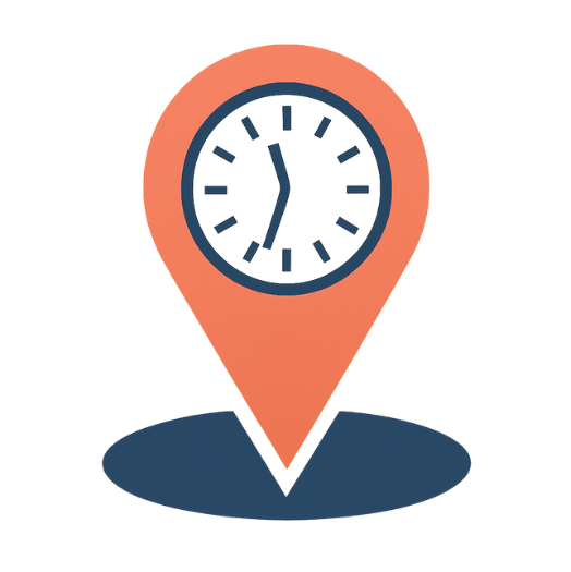 A pin from a map with a clock inside make the components of a graphic icon for real time.