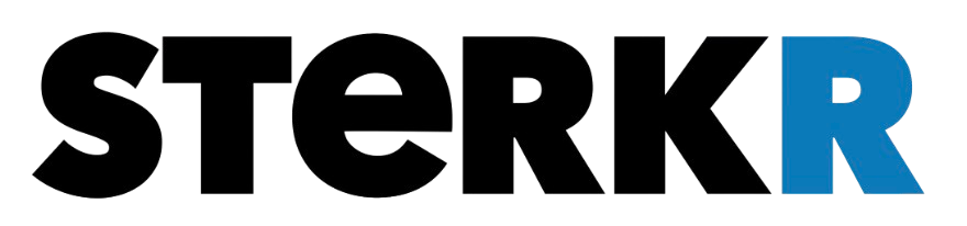 Zwart-wit en blauw logo met de tekst STERK R