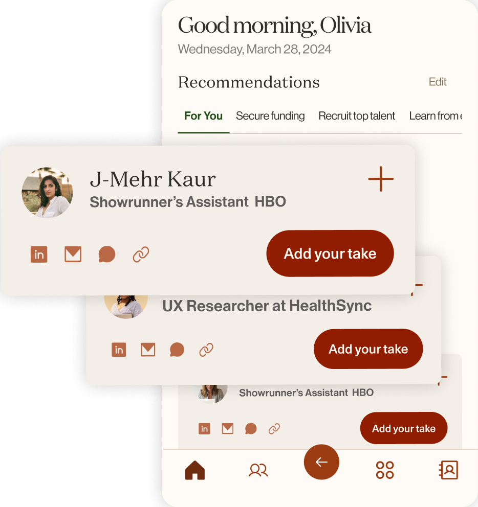 A dramatized concept of Goodword’s home screen, visualizing a user’s professional network coming to life. The interface greets the user with “Good morning, Olivia” and shows dynamic recommendation cards featuring real people, roles, and actions — as if the network itself is active and in motion. The scene captures the feeling of an intelligent, living network that surfaces opportunities and connections tailored to the user.