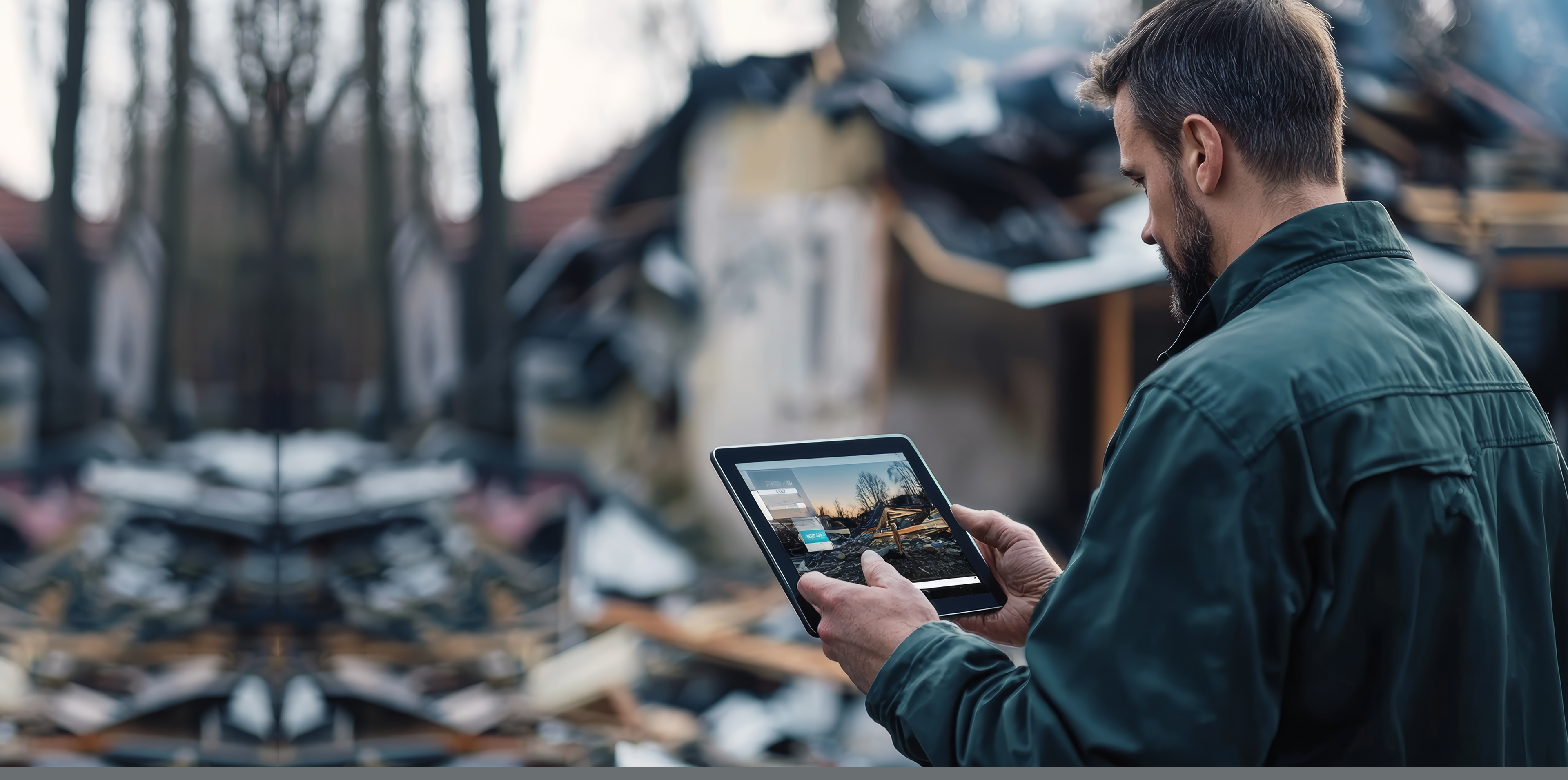 Man in jacket using tablet outdoors near debris and damaged building in blurred background.