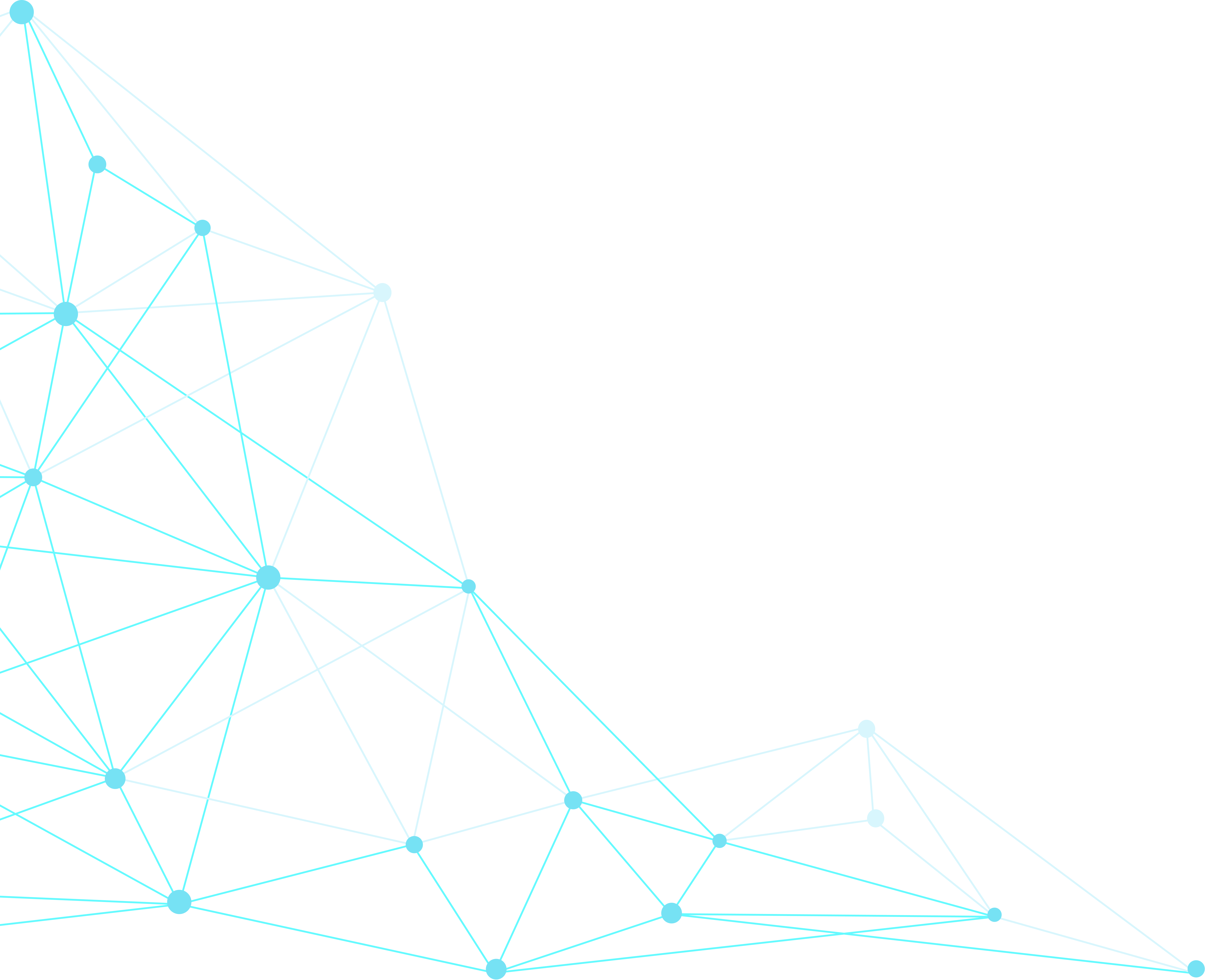 Network of interconnected blue and cyan dots linked by lines on a black background.