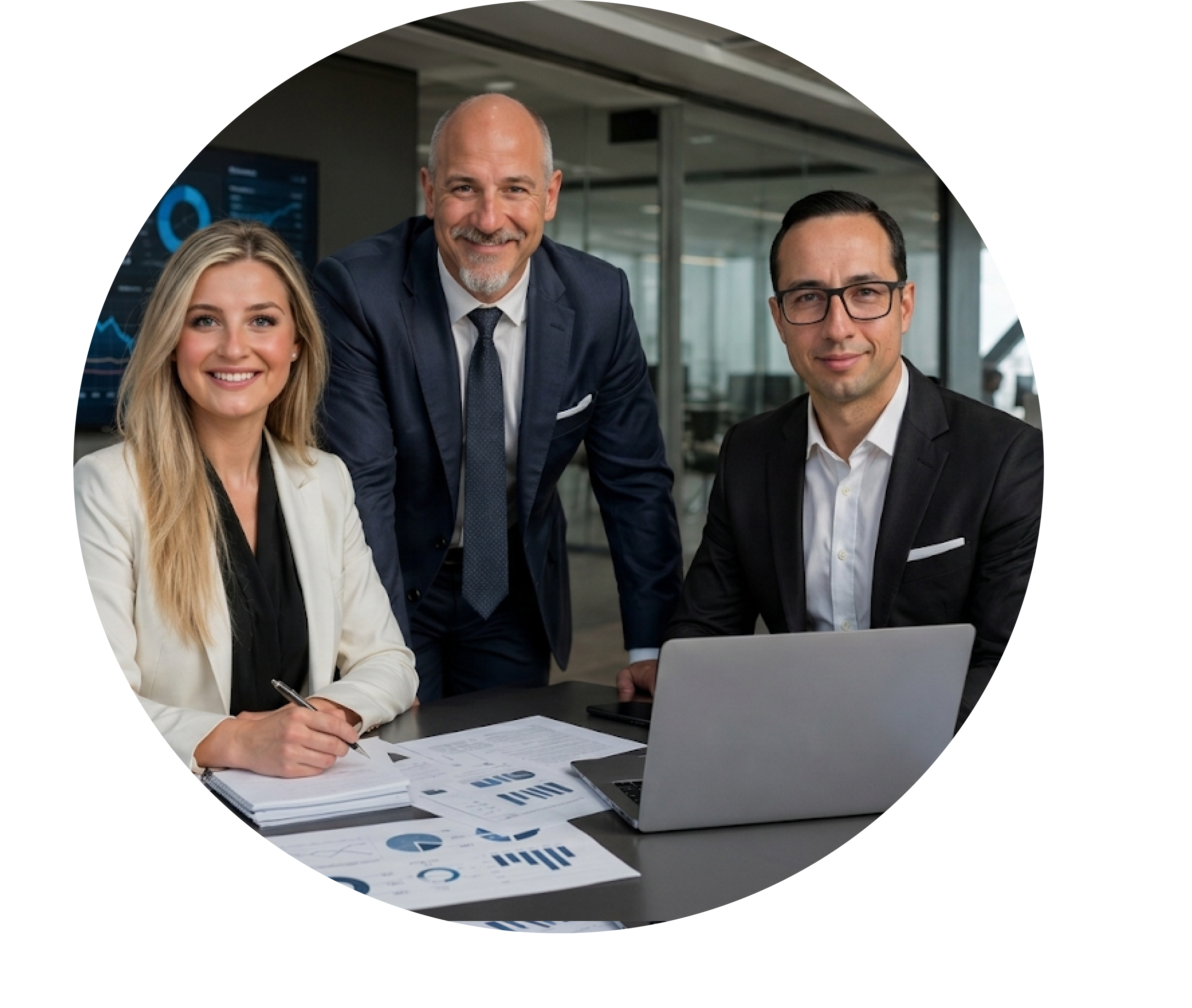 Three professionals smiling at a table with charts and a laptop in a modern office.