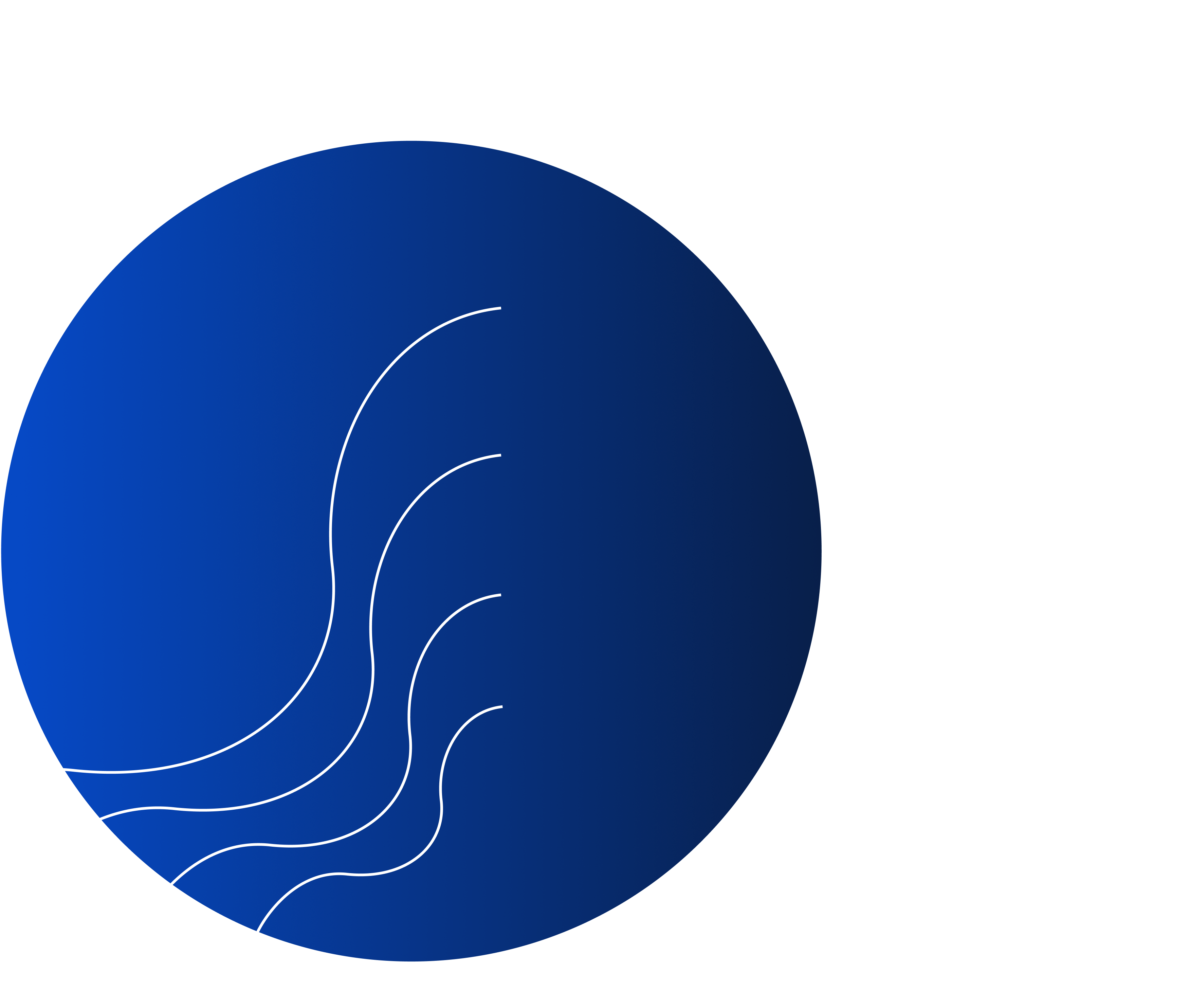 Dark to light blue circle with four white curved lines crossing it from left side.
