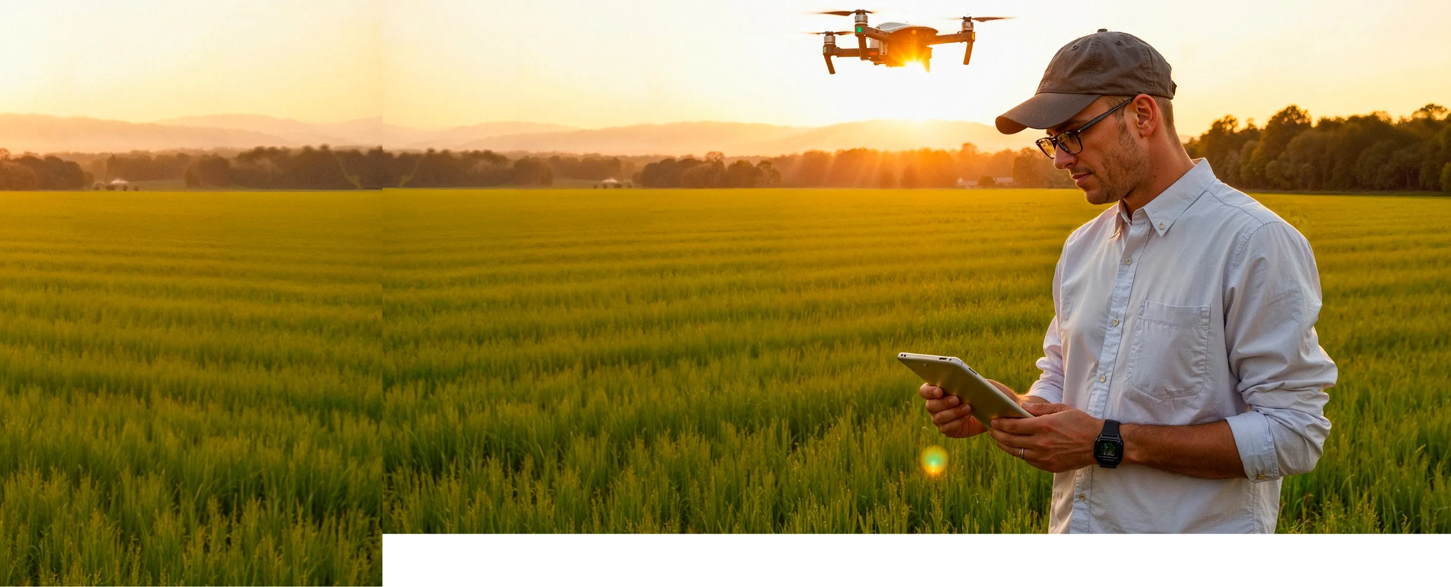 Man using tablet to control a drone flying over green field during sunset.