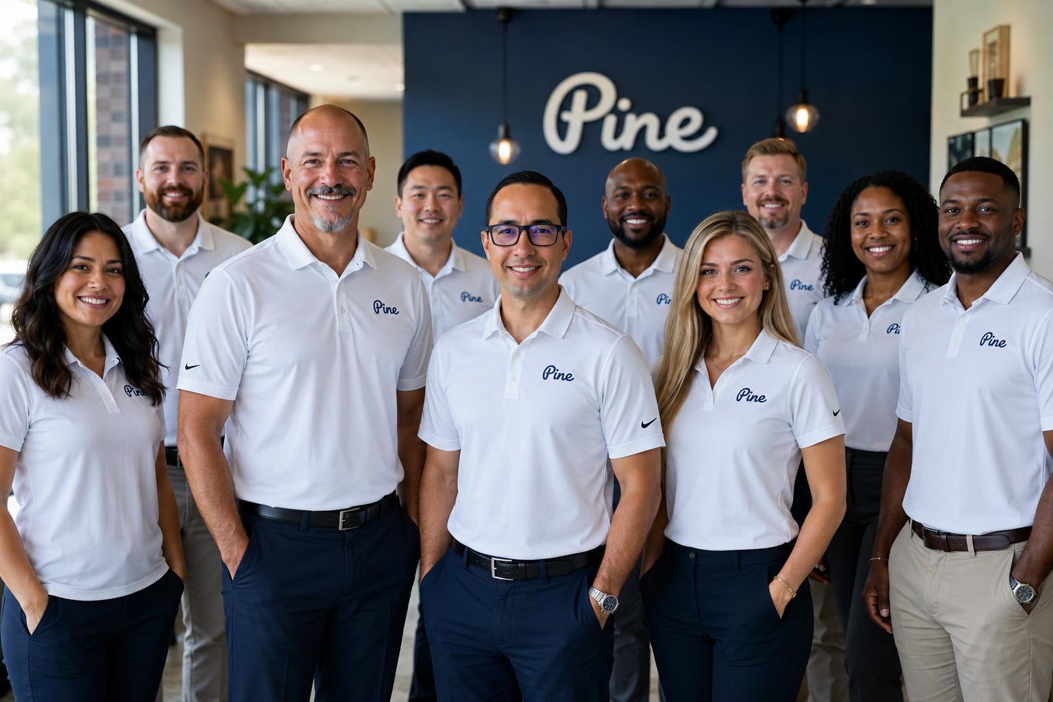 Smiling diverse office team in white Pine polo shirts standing inside modern office space.