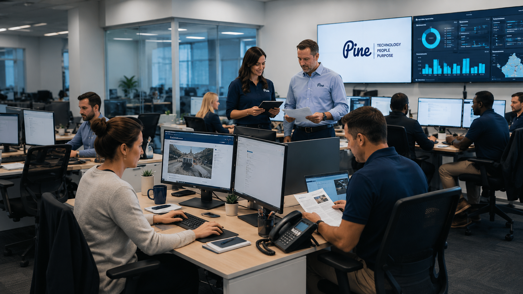 Office with employees working at desks and two standing, screens show Pine company data and logo.