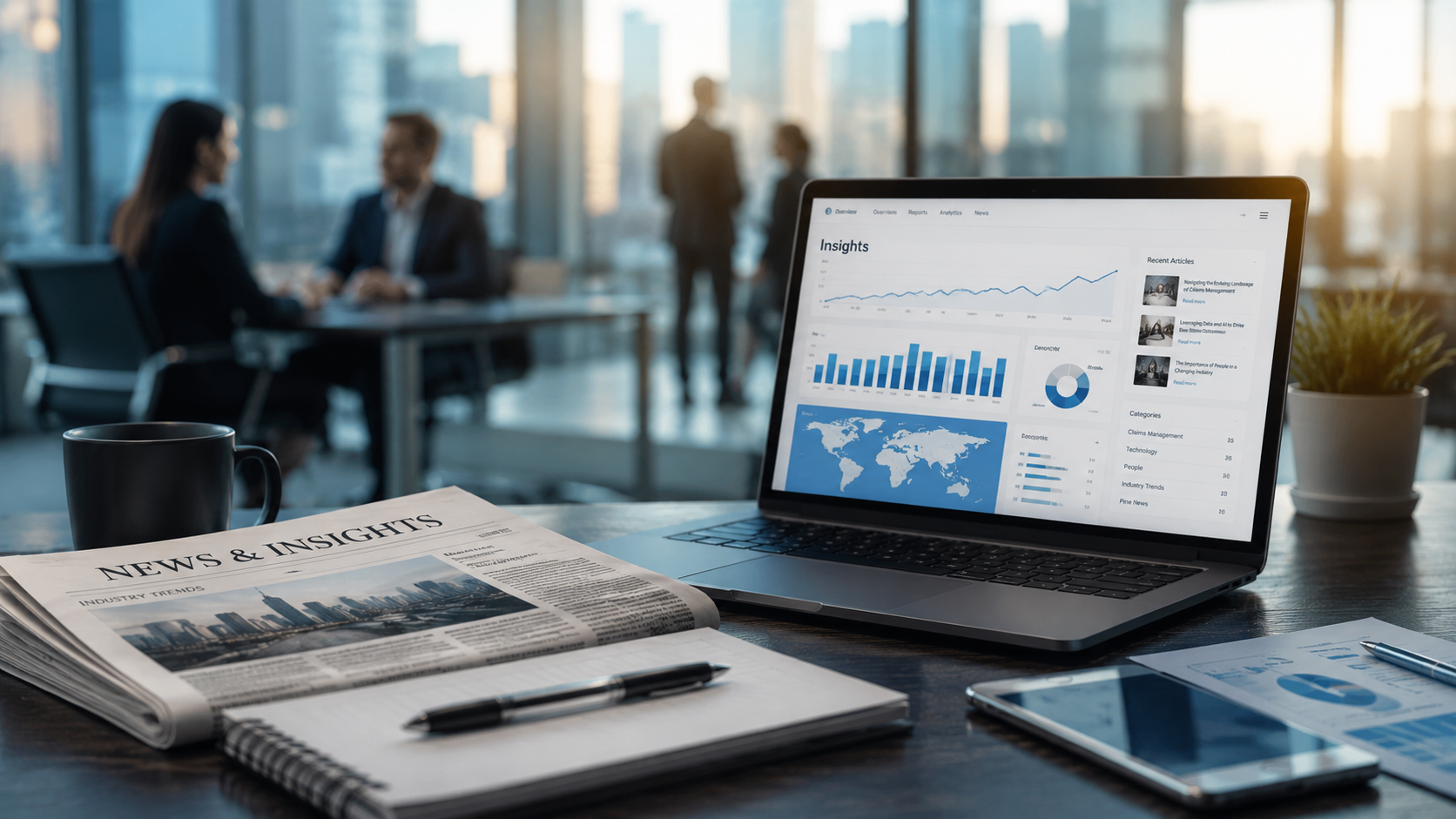 Office desk with newspaper, notebook, pen, laptop showing charts, and blurred people talking behind glass.