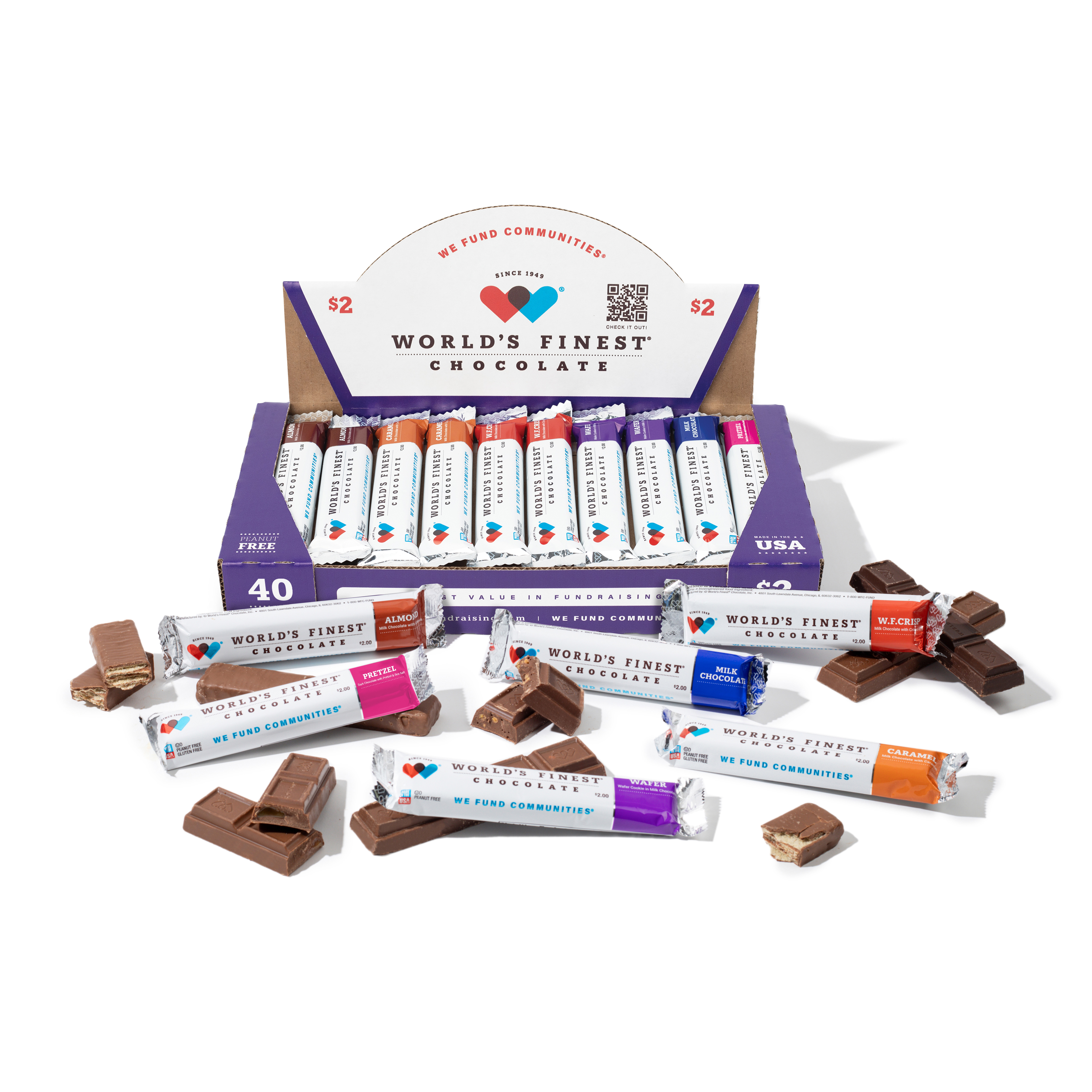Box of 40 World's Finest Chocolate bars in assorted flavors including almond, pretzel, milk chocolate, caramel, and wafer with some bars unwrapped.