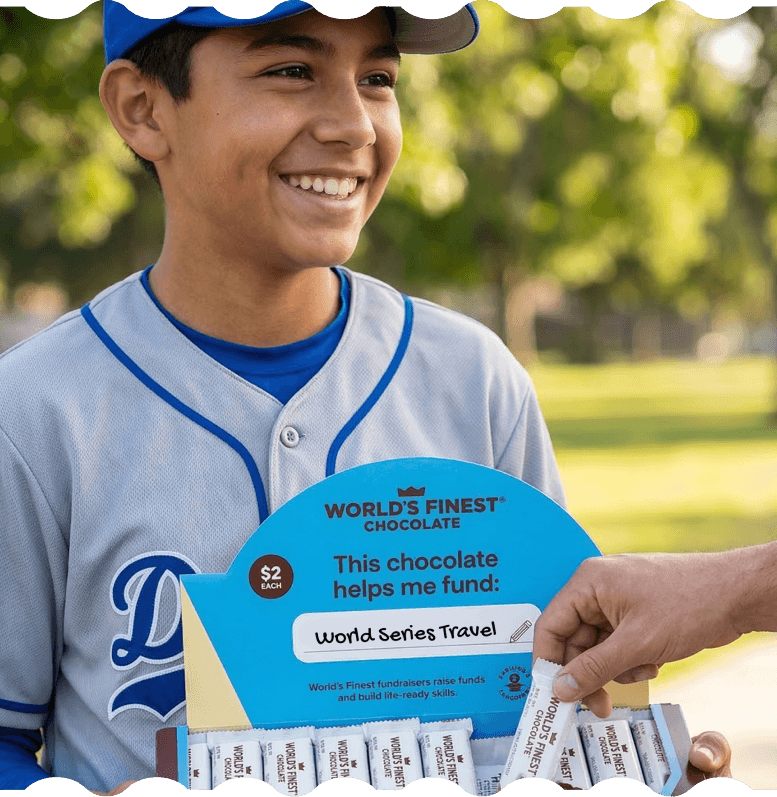 Boy holding a saxophone wearing a crown illustration, standing next to a bar graph made of chocolate bars with dollar signs, in a music room with brass instruments on the walls.