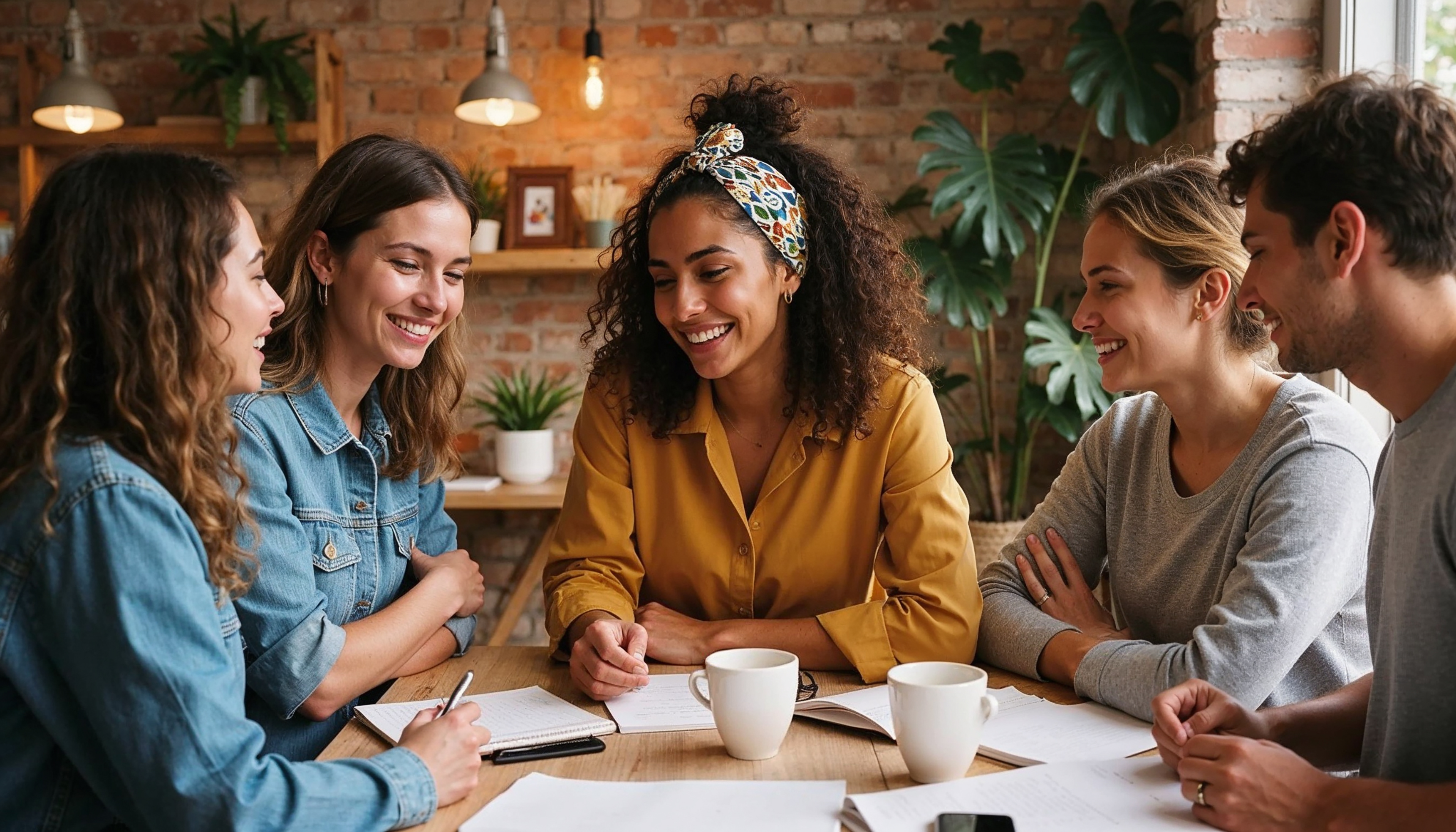 Young professionals collaborating over coffee 