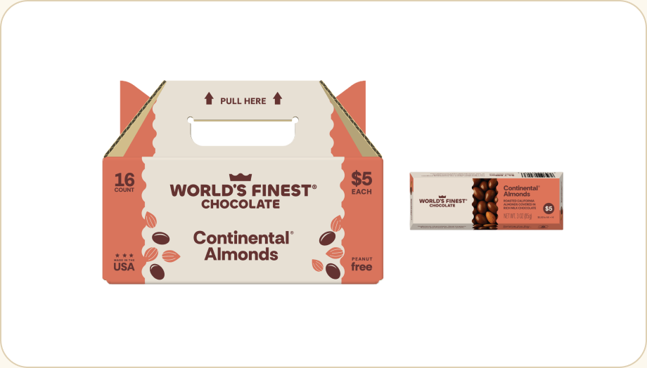 World's Finest Chocolate $5 Continental Almonds case and bar
