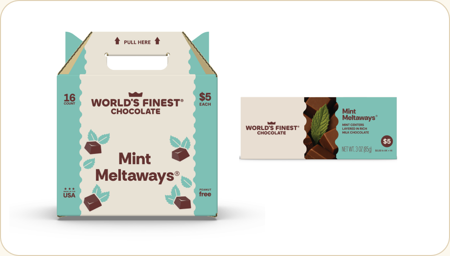 World's Finest Chocolate $5 Mint Meltaways case and bar