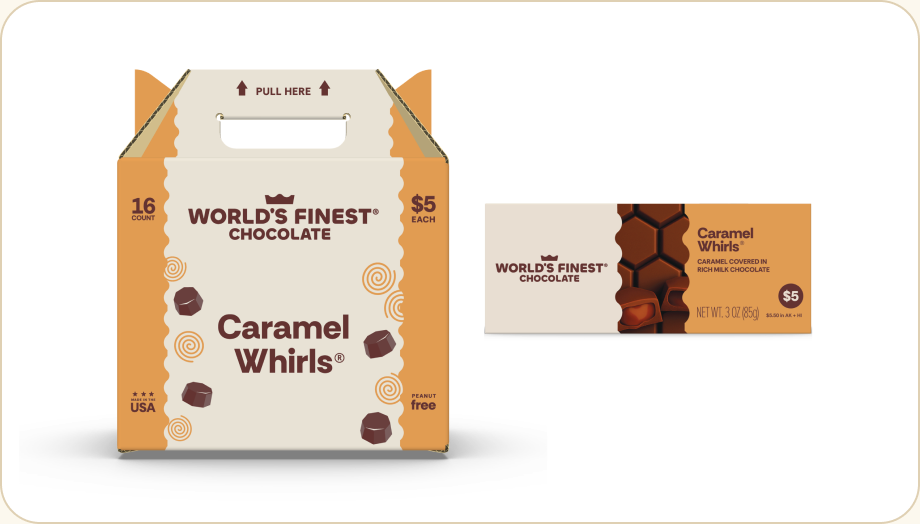 World's Finest Chocolate $5 Caramel Whirls case and bar