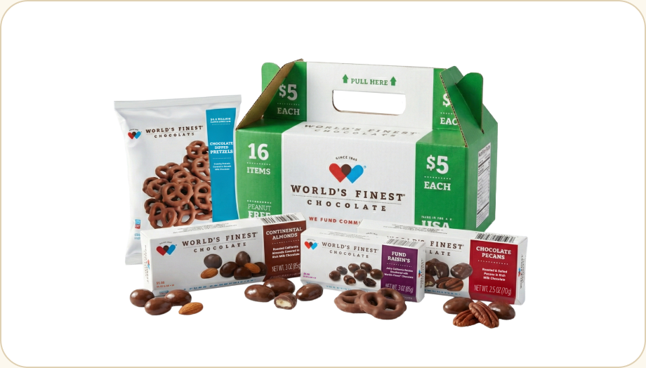 World's Finest Chocolate $5 Premium Variety Pack case with almonds, pecans, raisins and pretzels