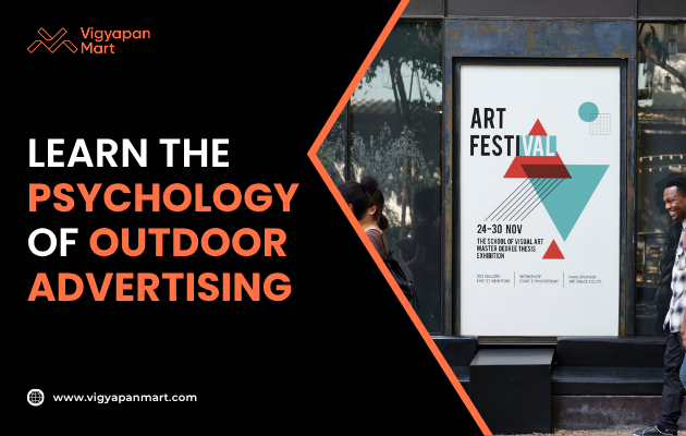 Vigyapan Mart graphic featuring a street poster for an Art Festival with geometric shapes and event details. Left side text reads “Learn the Psychology of Outdoor Advertising” with “Psychology of Outdoor Advertising” highlighted in orange. Vigyapan Mart logo and website are shown at the corners.