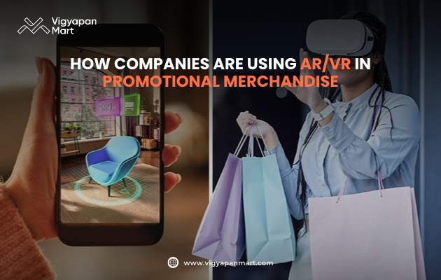 Split image showing augmented reality and virtual reality in use. On the left, a smartphone screen displays a 3D AR model of a chair in a living room. On the right, a person wearing a VR headset holds multiple shopping bags. Text reads: “How companies are using AR/VR in promotional merchandise” with Vigyapan Mart logo. Innovative marketing and branding concept.