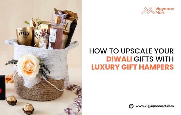 Luxury Diwali gift hamper in a decorative basket with rose, mugs, body mist, chocolates, and festive diyas, promoted by Vigyapan Mart.