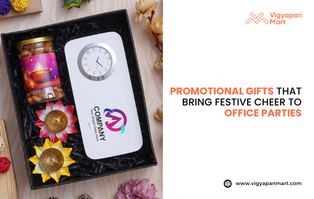 Promotional Diwali gift hamper with dry fruit jar, branded desk clock, and colorful decorative diyas, ideal for office parties, featured by Vigyapan Mart.