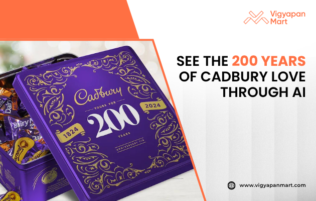 Cadbury poster celebrating 200 years of brand love, featuring the tagline ‘See the 200 Years of Cadbury Love through AI,’ showcasing a vintage-style design with a modern twist.