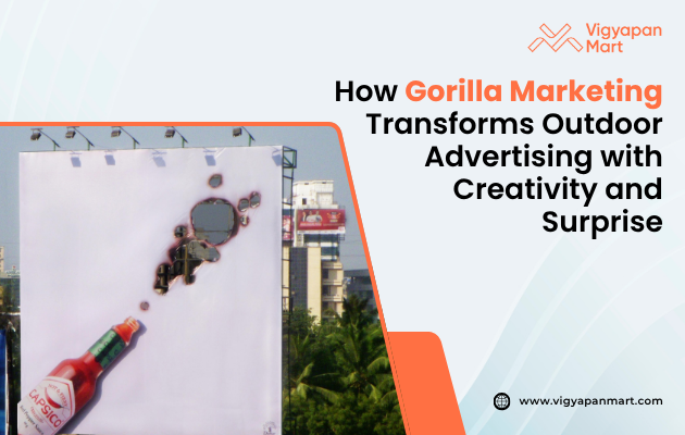 Poster titled ‘How Guerrilla Marketing Transforms Outdoor Advertising with Creativity and Surprise,’ featuring a dynamic visual of a giant, realistic Guerilla emerging from a city sidewalk, symbolizing the unexpected and impactful nature of guerrilla marketing campaigns.