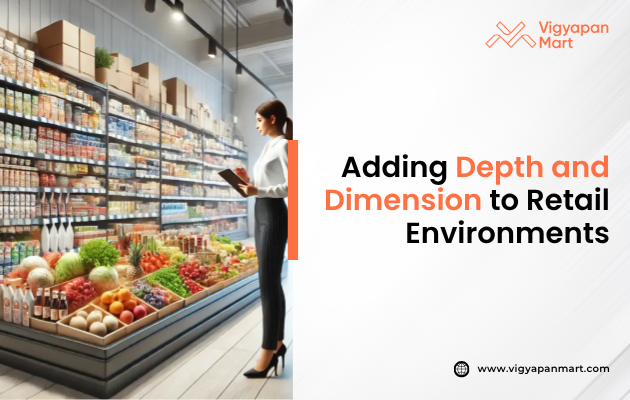 Poster titled ‘Adding Depth and Dimension to Retail Environments,’ featuring a 3D visual merchandising display with layered textures and dimensional elements, illustrating how depth enhances customer engagement and brand storytelling in modern retail spaces.