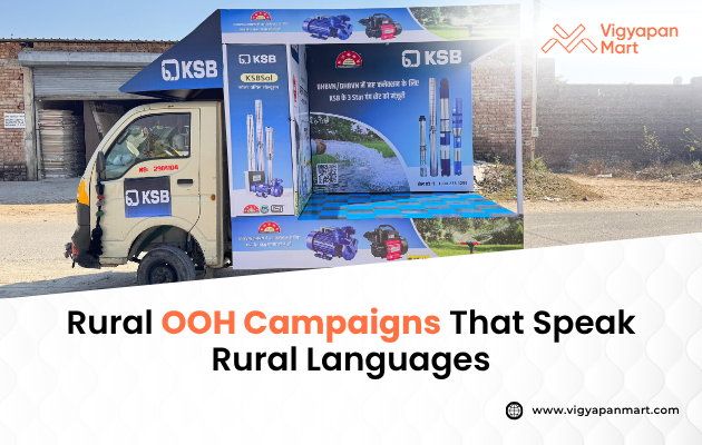 Rural Out-of-Home (OOH) advertising campaign featuring local language signage, showcasing a vibrant billboard with regional dialects and culturally resonant visuals, emphasizing the importance of vernacular communication in engaging rural audiences effectively.
