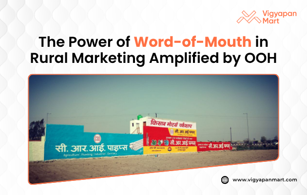 Visual depicting the synergy between word-of-mouth (WOM) marketing and Out-of-Home (OOH) advertising in rural areas, showcasing a vibrant community gathering with individuals engaging in conversation, while strategically placed billboards amplify local brand messages, illustrating how OOH advertising can enhance and spread organic WOM in close-knit rural communities.