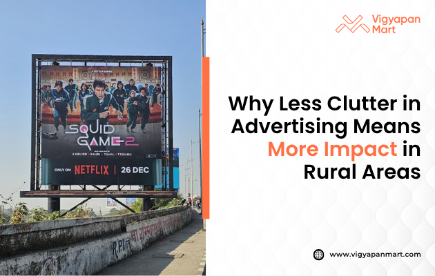 Visual illustrating the impact of reduced advertising clutter in rural areas, featuring a single, bold billboard amidst a serene countryside landscape, emphasizing how minimalistic advertising stands out and captures attention more effectively in less saturated environments.