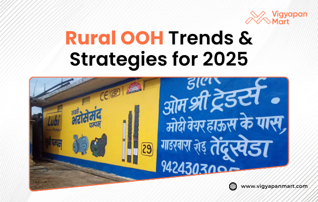 Poster titled ‘Rural OOH Trends & Strategies for 2025,’ featuring a vibrant rural landscape with strategically placed billboards showcasing local brands and products, illustrating the evolving role of out-of-home advertising in rural areas.