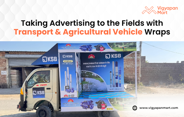 Agricultural vehicle wraps showcasing vibrant, full-color advertisements on tractors and farming equipment, turning them into mobile billboards that promote local businesses and products directly in rural fields and along farm roads.