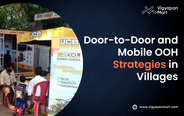 Visual depicting door-to-door and mobile Out-of-Home (OOH) advertising strategies in rural villages, showcasing community engagement through in-person interactions and mobile billboards, emphasizing the effectiveness of personalized outreach and mobile advertising in reaching rural audiences.