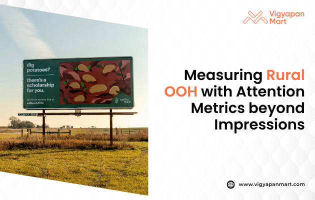 Visual illustrating the measurement of rural Out-of-Home (OOH) advertising effectiveness using advanced attention metrics, featuring a digital billboard in a rural setting displaying dynamic content, with overlaid data points indicating viewer engagement levels such as dwell time and gaze duration, emphasizing the shift from traditional impressions to quality engagement metrics in rural advertising.