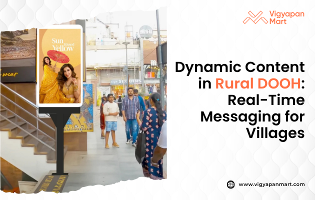 Digital Out-of-Home (DOOH) advertising in rural areas, featuring a dynamic digital billboard with the text ‘Real-Time Messaging for Villages,’ displaying context-aware content tailored to local events and weather conditions, illustrating how dynamic creative optimization enhances audience engagement in village settings.