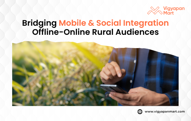 Digital Out-of-Home (DOOH) advertising in a rural setting, featuring a dynamic digital billboard displaying the message 'Bridging Mobile & Social Integration: Offline-Online Rural Audiences,' illustrating the integration of mobile and social media strategies in reaching rural audiences through digital billboards, emphasizing the importance of connecting online and offline platforms for effective rural marketing.