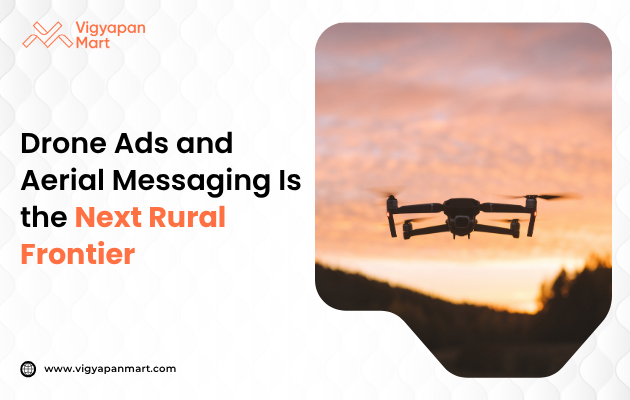 Aerial advertising in rural India, featuring a fleet of drones performing synchronized light displays in the night sky, with the message 'Drone Ads and Aerial Messaging Is the Next Rural Frontier,' highlighting the innovative use of drone technology to deliver captivating and targeted advertising experiences in remote rural areas.