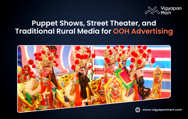Traditional rural Out-of-Home (OOH) advertising in India, featuring a vibrant puppet show performance in a village setting, with the message 'Puppet Shows, Street Theater, and Traditional Rural Media for OOH Advertising' displayed prominently. The scene captures local artisans engaging the community through folk art forms, emphasizing the effectiveness of integrating cultural performances into OOH campaigns to resonate with rural audiences.