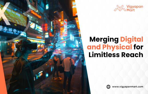 Event marketing poster titled 'Merging Digital and Physical for Limitless Reach,' featuring visuals of hybrid events that seamlessly integrate in-person and virtual experiences, such as live-streamed sessions, interactive digital kiosks, and augmented reality (AR) activations, illustrating how brands are expanding their audience reach by blending physical and digital elements.