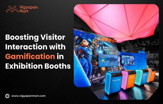 Poster reading 'Boosting Visitor Interaction with Gamification in Exhibition Booths,' featuring an interactive exhibition setup with spin-the-wheel contests and QR code hunts to engage visitors and enhance participation.
