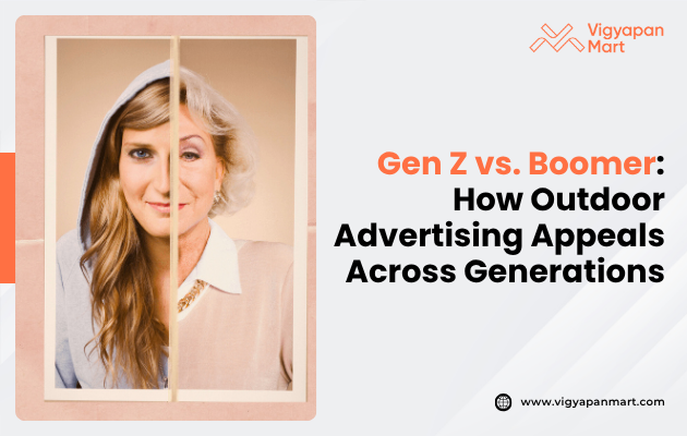 Billboard ad comparing Gen Z and Baby Boomer preferences in outdoor advertising, highlighting Gen Z's engagement with interactive elements and social media, versus Boomers' appreciation for traditional, straightforward messaging.